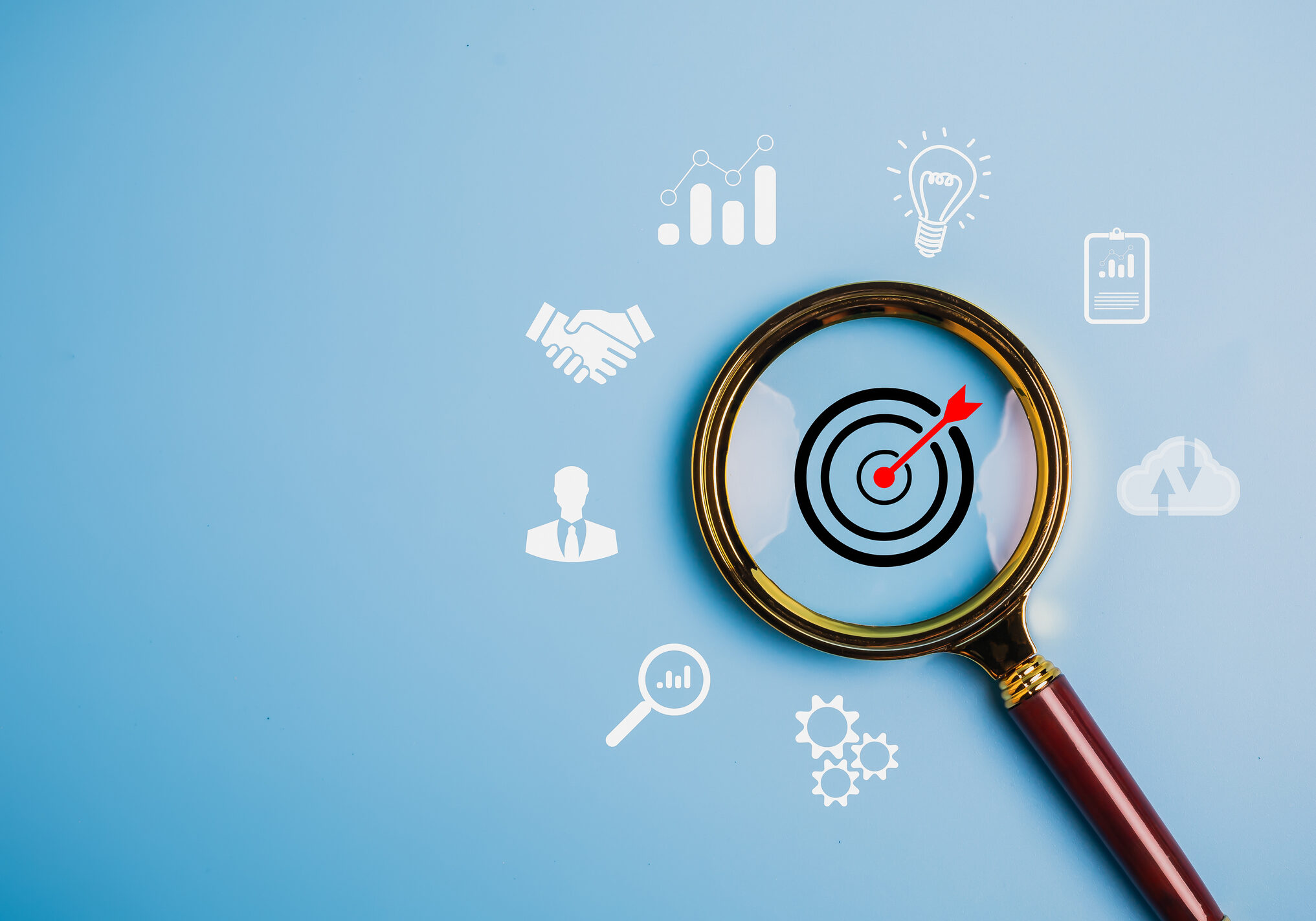 Magnifier glass focus to target dartboard, Business development strategy and action plan concept with icon business strategy and Action plan, search, goal, strategy, success